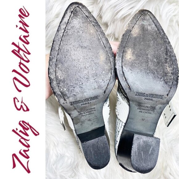 ZADIG & VOLTAIRE White Leather Snakeskin Urban Cowboy Studded Ankle Bootie, 37 - Picture 7 of 12